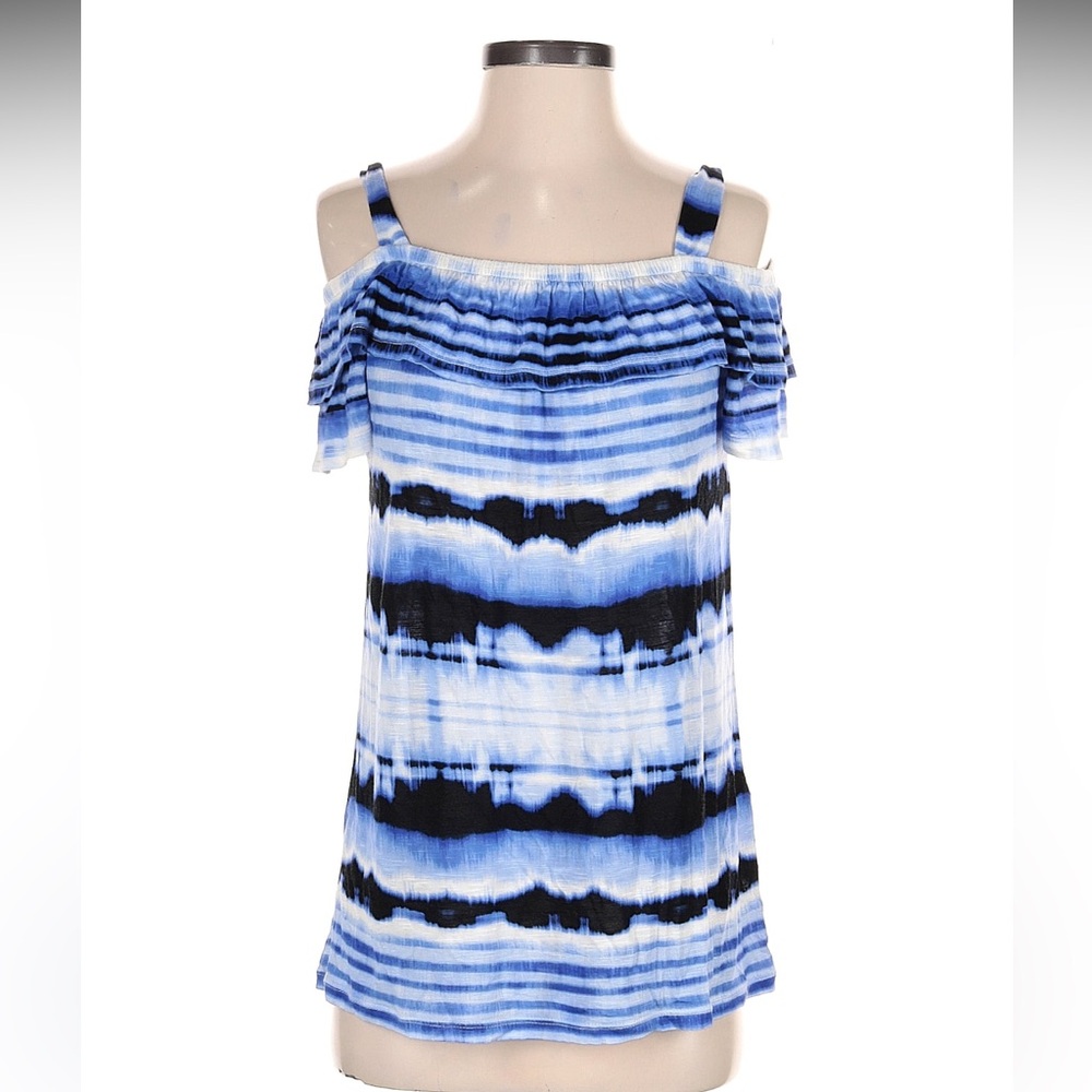 INC International Concepts Blue and White Ruffled Cold Shoulder Top